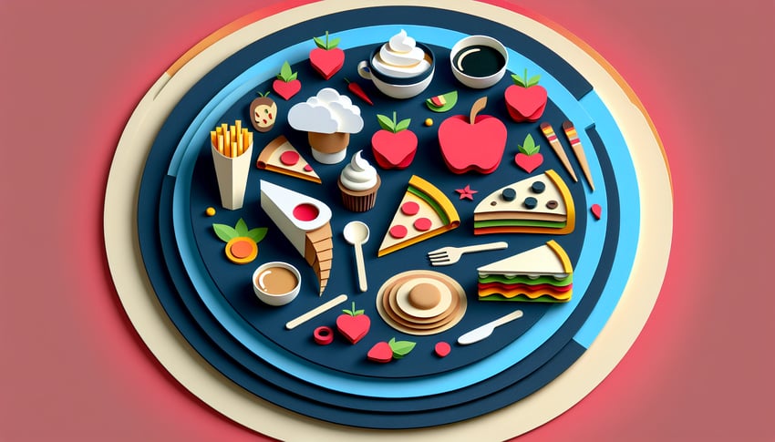 Paper art illustration depicting a colorful favorite food survey form with various food icons and checkboxes.