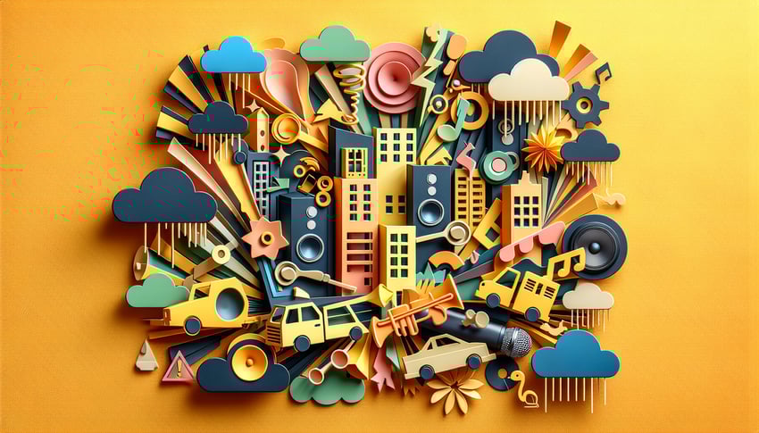 Paper art illustration featuring a noise complaint form with a pencil and soundwave graphics