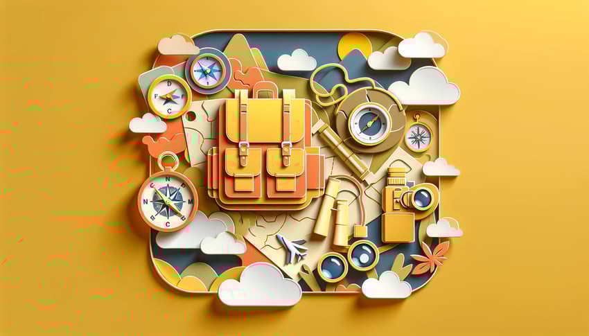 Paper art illustration featuring a trip report form design with travel-related icons and vibrant colors