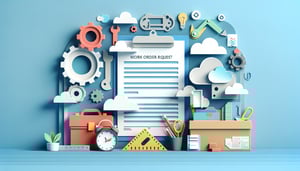 Paper art illustration depicting a work order request form concept for FormCreatorAI article