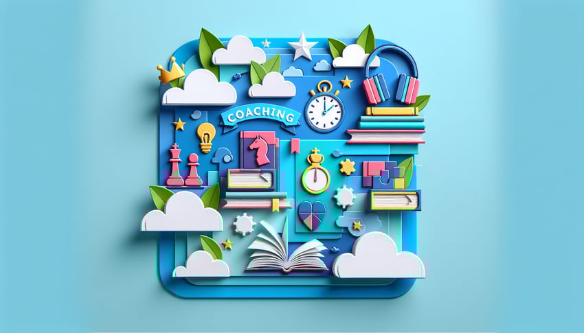 Paper art illustration showcasing a coaching log template with sections for goals, progress, and feedback.