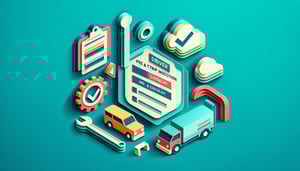 Paper art illustration featuring a driver conducting a pre and post trip inspection with a checklist and vehicle.