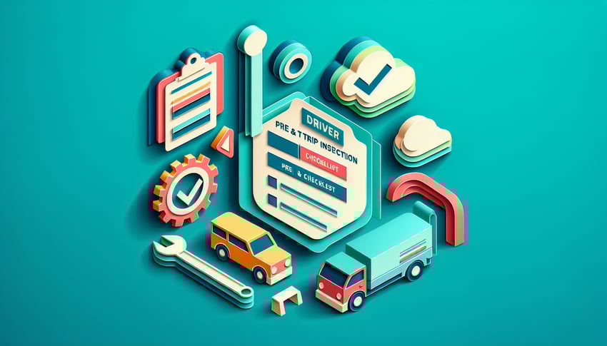 Paper art illustration featuring a driver conducting a pre and post trip inspection with a checklist and vehicle.