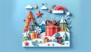 Paper art illustration depicting a festive Secret Santa sign up form with holiday-themed decorations and vibrant colors.