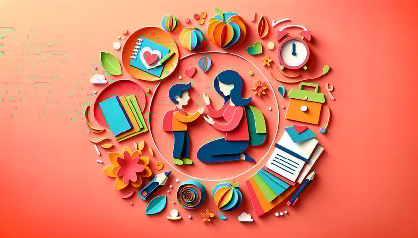 paper art illustration featuring a survey form with school and family elements for school engagement article