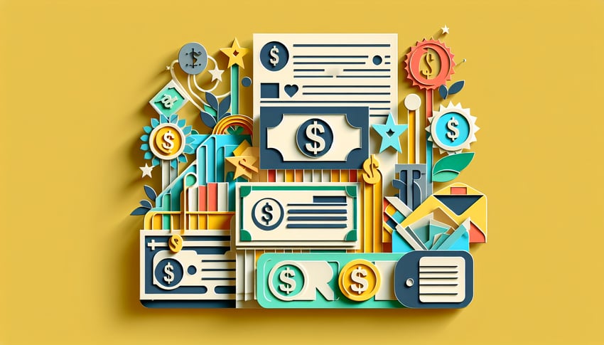 paper art illustration depicting a money order refund request form template for FormCreatorAI article