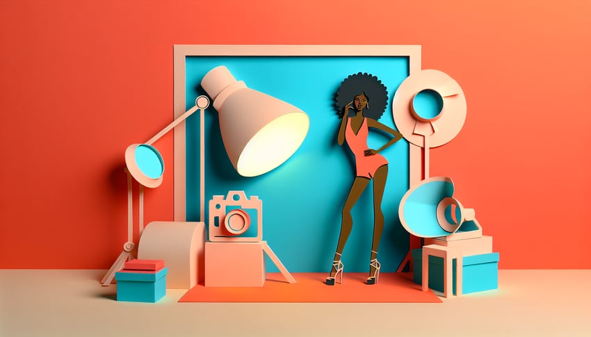 Paper art illustration depicting a photography model release form template for FormCreatorAI article