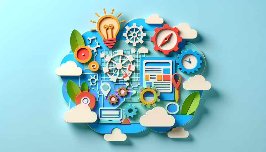 paper art illustration depicting website planning form elements and design tools for FormCreatorAI article