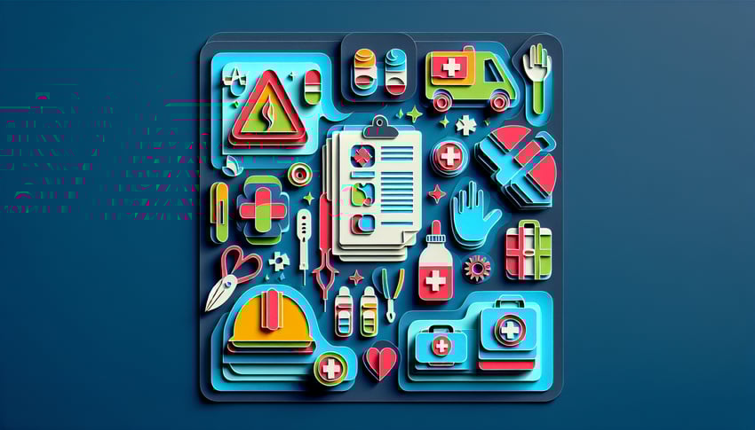 Paper art illustration depicting an accident report form with pen and office supplies for FormCreatorAI article