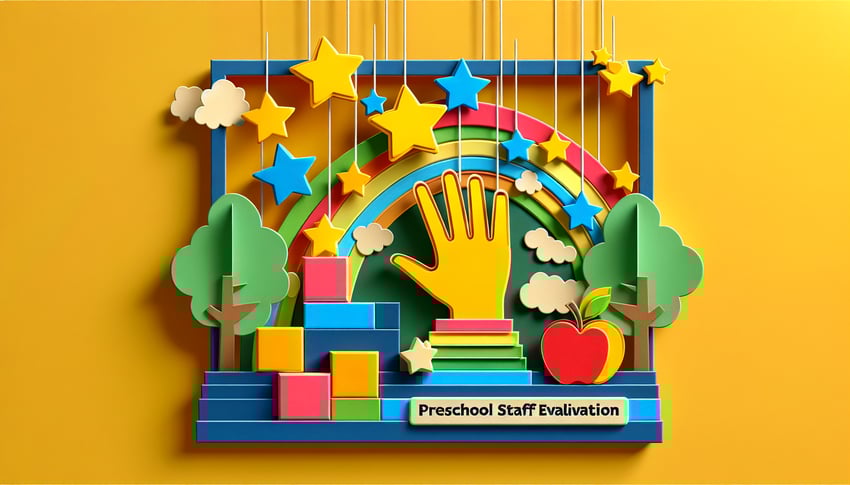 Paper art illustration representing a preschool staff evaluation form for educational assessment and feedback.