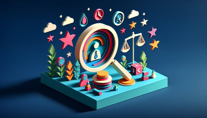 Paper art illustration featuring a candidate evaluation form with checkboxes and notes for assessment process