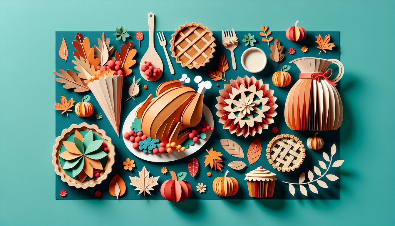 Paper art illustration featuring a Thanksgiving potluck invitation form with festive decor and autumn colors.