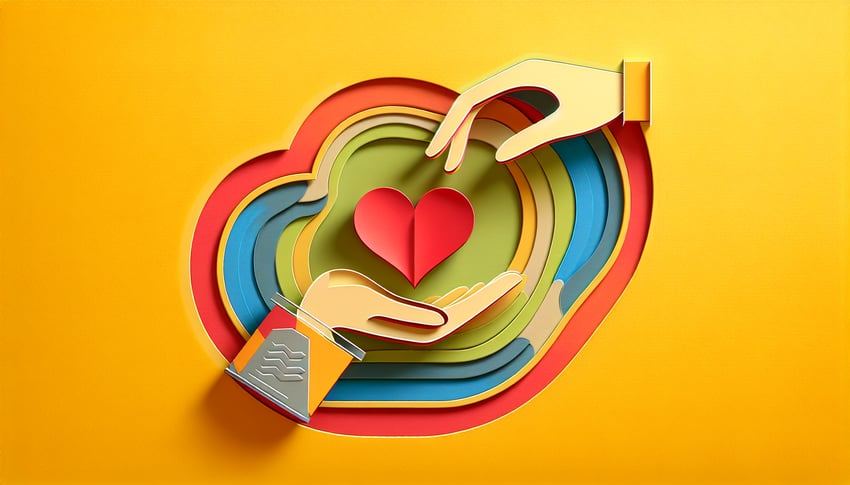 Paper art illustration depicting a donation request form design for FormCreatorAI article