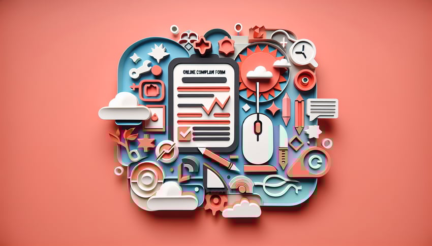 Paper art illustration depicting an online complaint form template for FormCreatorAI article