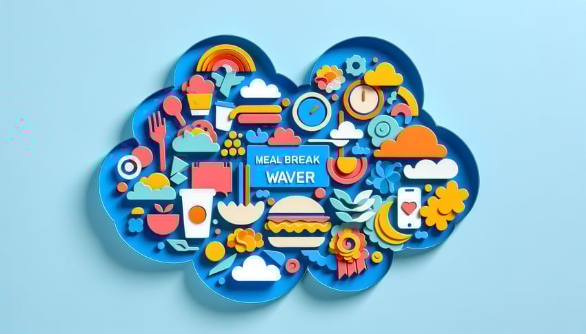 Paper art illustration depicting a meal break waiver form for FormCreatorAI article