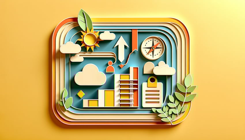 Paper art illustration depicting a colorfully designed performance review form template for annual evaluations.