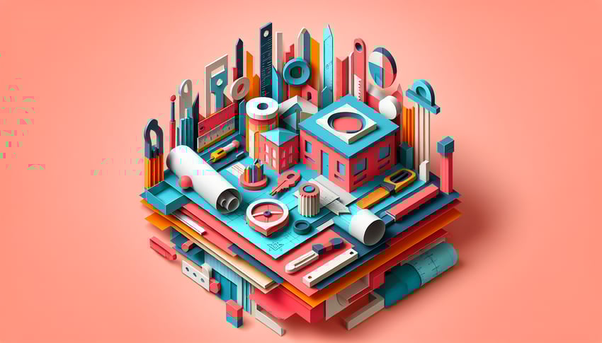 Paper art illustration featuring a building survey form template and design elements related to FormCreatorAI