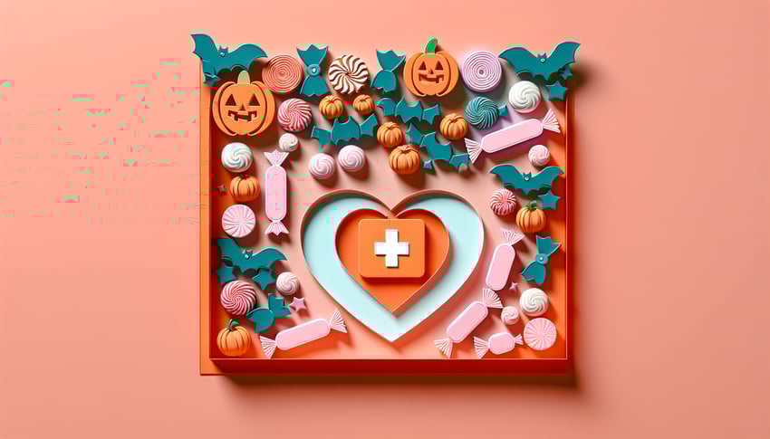 Paper art illustration featuring Halloween-themed elements for a candy donation form template article.