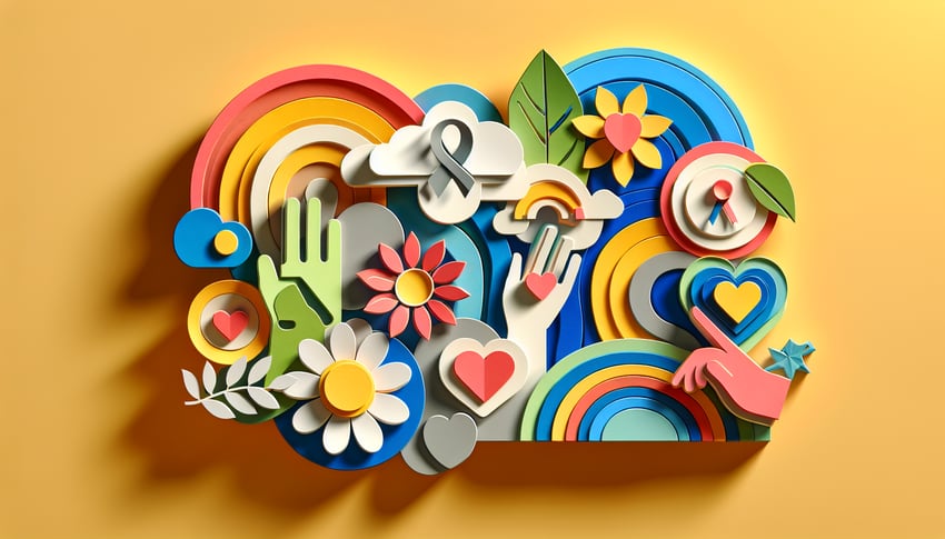 Paper art illustration featuring a PTSD checklist for civilians with a focus on mental health and support resources.