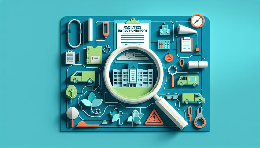 Paper art illustration depicting a quarterly facility inspection report form for FormCreatorAI.