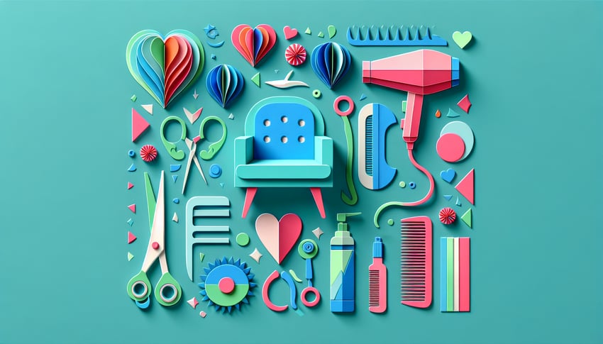 Paper art illustration featuring a hair salon client intake form and creative design elements.