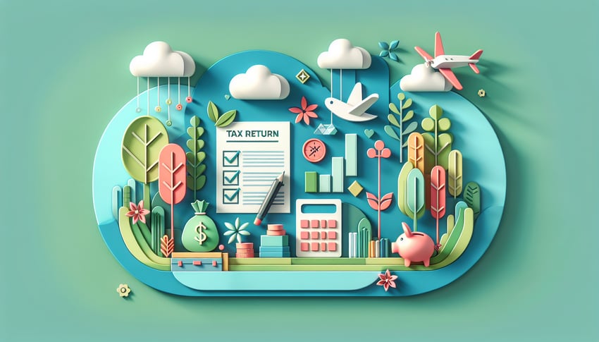 Paper art illustration depicting a tax return checklist form for an article about FormCreatorAI