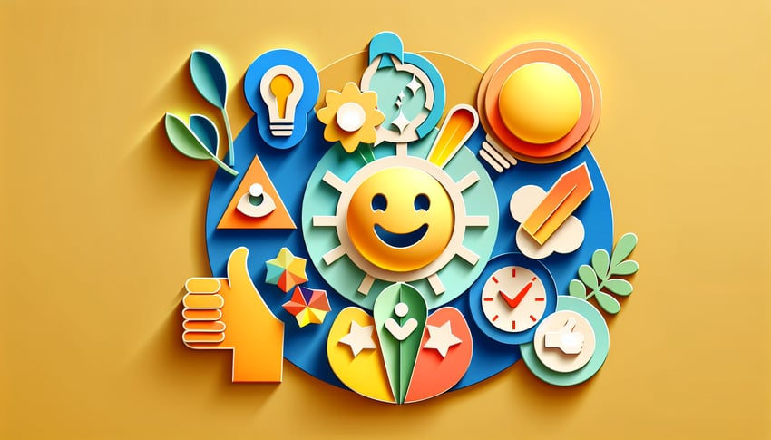 Paper art illustration depicting an employee morale survey form with various questions and a thoughtful design