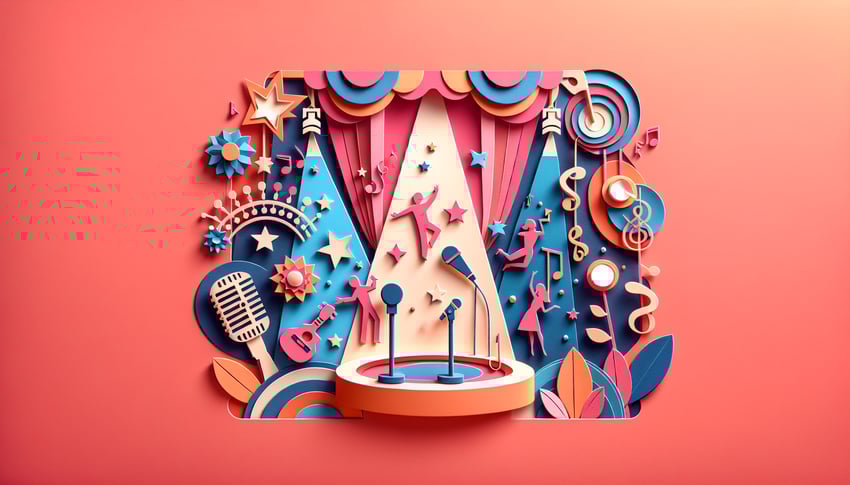 Paper art illustration featuring a talent show registration form with vibrant colors and creative design elements.