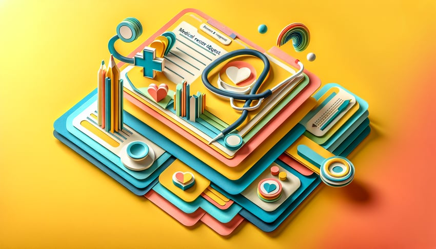 Paper art illustration showcasing a medical record request form template for FormCreatorAI article