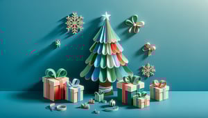Paper art illustration featuring holiday elements for Christmas gift survey form template article.