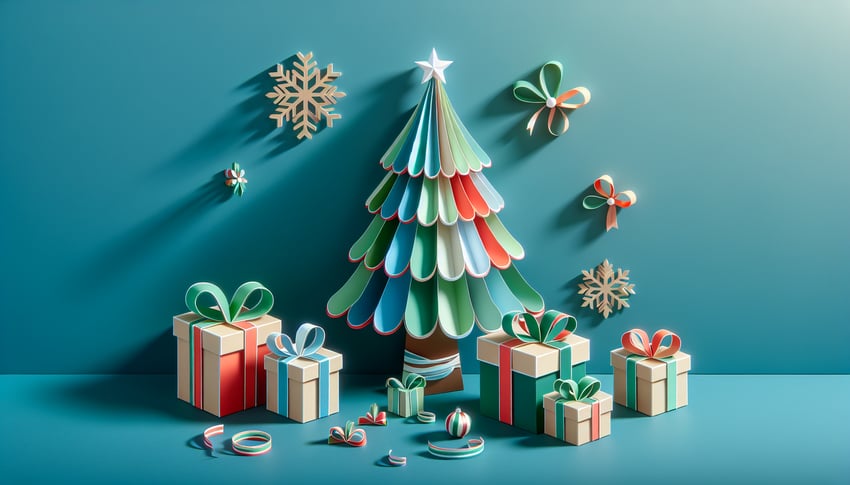 Paper art illustration featuring holiday elements for Christmas gift survey form template article.