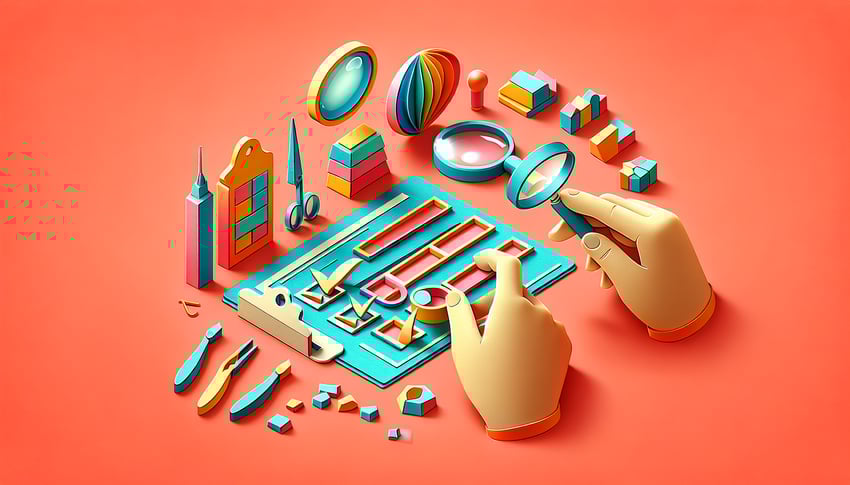 Paper art illustration featuring a material inspection checklist for an article about FormCreatorAI