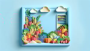 Paper art illustration depicting a food insecurity questionnaire form with various sections and graphics related to food access.