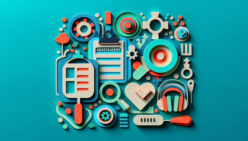 Paper art illustration featuring an interview assessment form and design elements related to FormCreatorAI