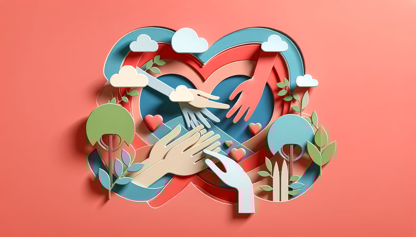 Paper art illustration depicting a community service hours form template design for FormCreatorAI.