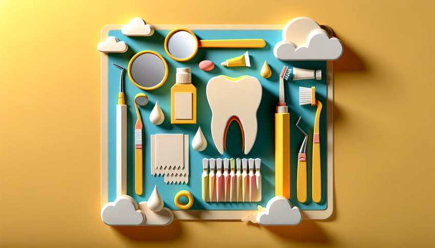 Paper art illustration featuring a dental exam form with sections for patient information and dental assessments