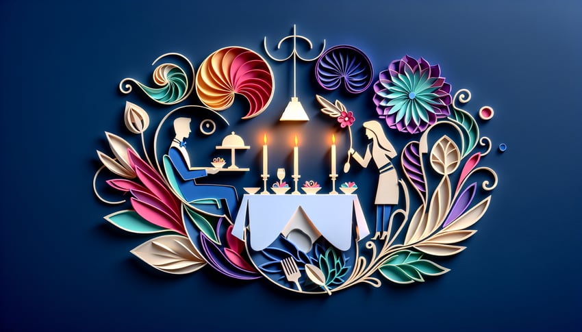 Paper art illustration depicting a restaurant table reservation form template for article on FormCreatorAI