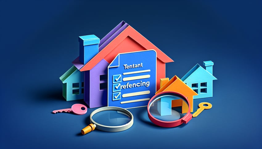 Paper art illustration depicting a tenant reference verification form and related elements for FormCreatorAI article