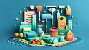 Paper art illustration featuring a gym cleaning checklist with various cleaning items and tasks illustrated.