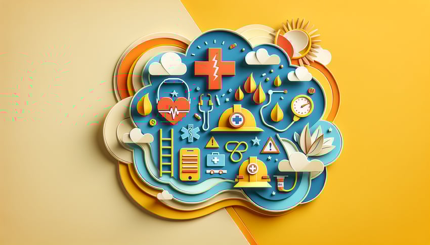 Paper art illustration depicting an employee emergency contact form with a pen and decorative elements