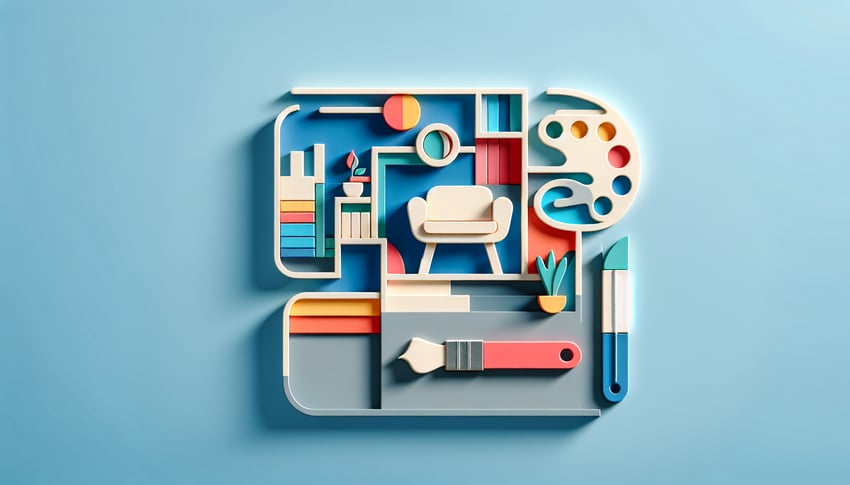 paper art illustration depicting an interior design intake questionnaire form template with elegant design elements