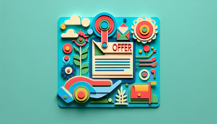 Paper art illustration depicting an offer letter submission form with design elements related to FormCreatorAI
