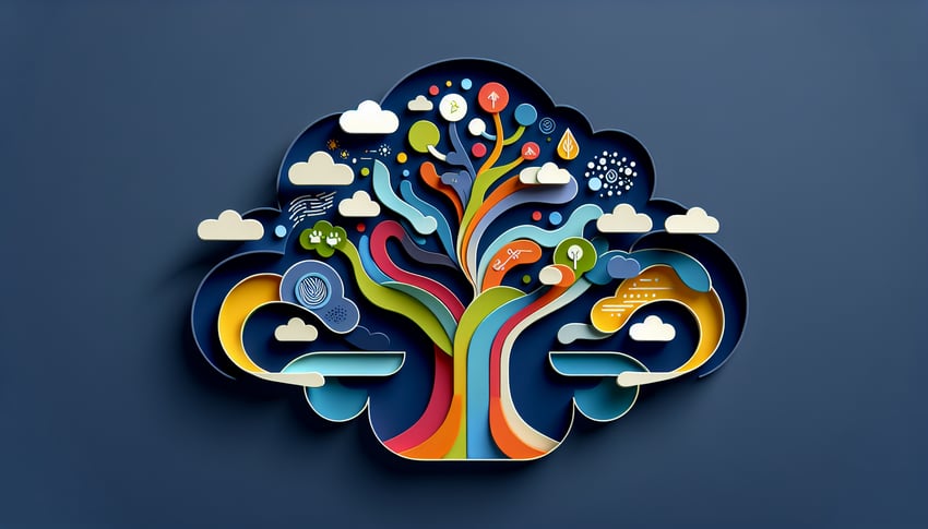 Paper art illustration depicting an organizational culture survey form with various sections and prompts for users.