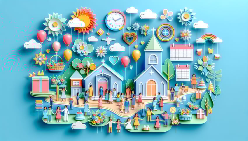 Paper art illustration depicting a church event planning form with design elements for an article on FormCreatorAI.