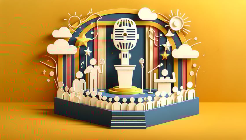 Paper art illustration depicting a guest speaker form template for FormCreatorAI article.