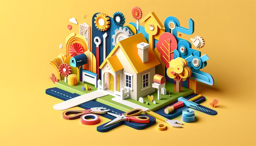 Paper art illustration featuring a homeowner complaint form with decorative elements and a digital touch