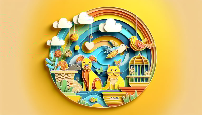 Paper art illustration featuring pet sitting form template elements and pet-related icons.