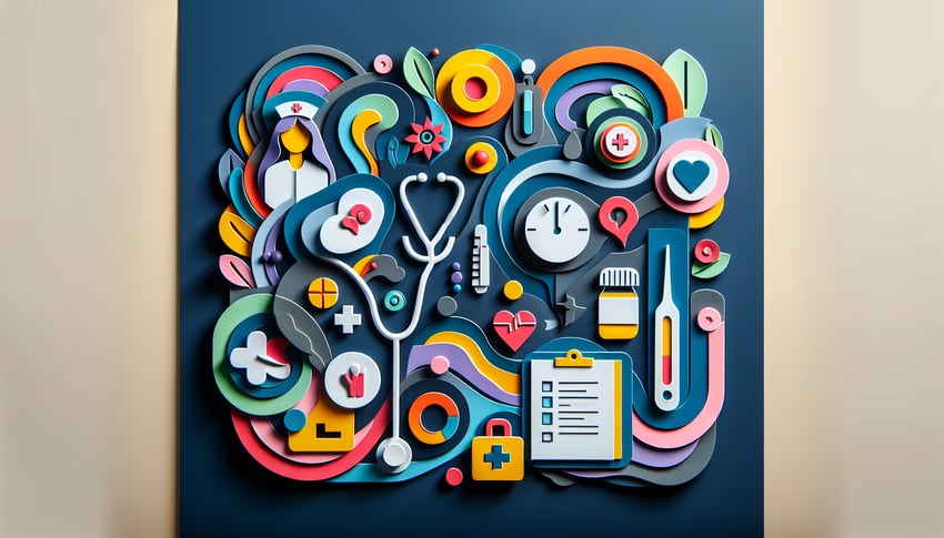 Paper art illustration depicting a nurse satisfaction survey form with elements reflecting healthcare and feedback.