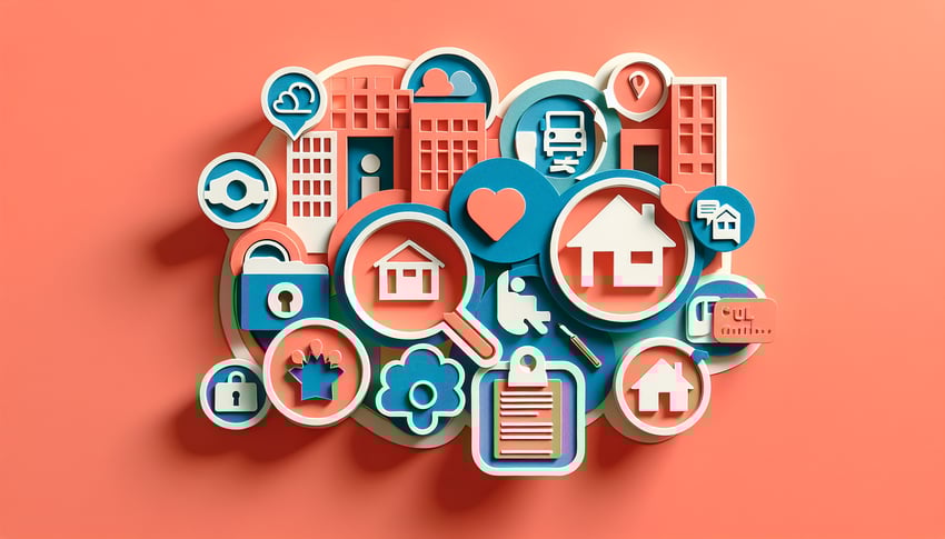 Paper art illustration featuring a public housing application form template with various fields and sections.