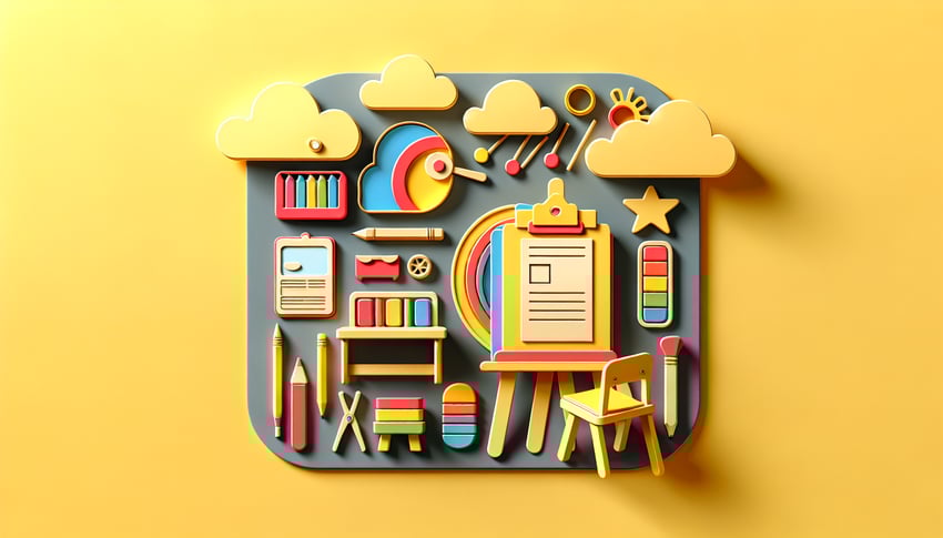 Colorful paper art illustration featuring a preschool environment with toys, books, and a teacher evaluating students.
